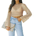 Open-Knit Crochet Cropped Top with Flared Bell Sleeves - Apricot