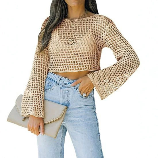 Open-Knit Crochet Cropped Top with Flared Bell Sleeves - Apricot