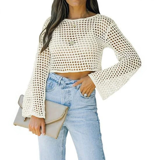 Open-Knit Crochet Cropped Top with Flared Bell Sleeves - Beige