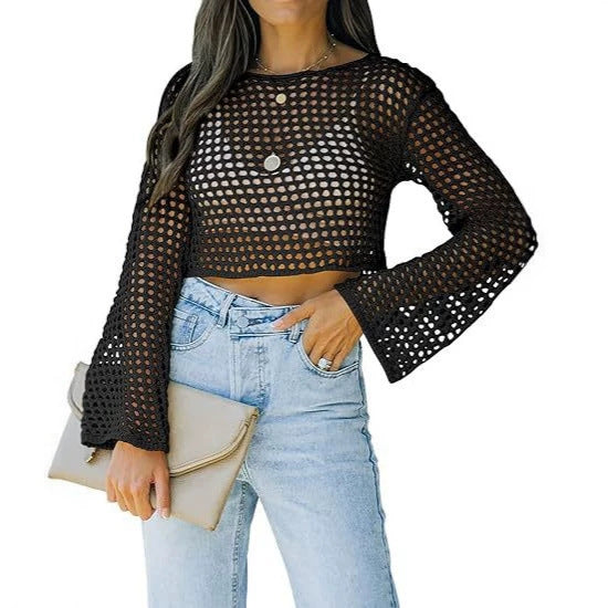 Open-Knit Crochet Cropped Top with Flared Bell Sleeves - Black