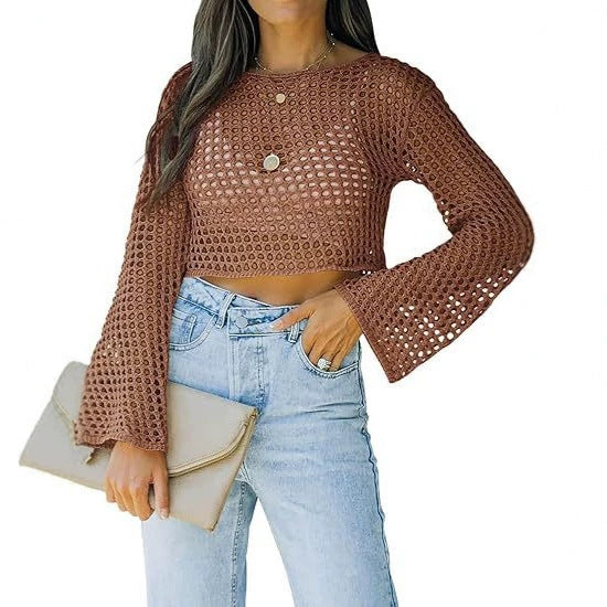 Open-Knit Crochet Cropped Top with Flared Bell Sleeves - Brown