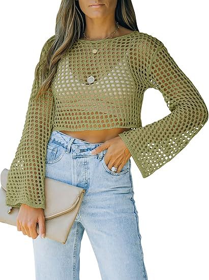 Open-Knit Crochet Cropped Top with Flared Bell Sleeves - Olive