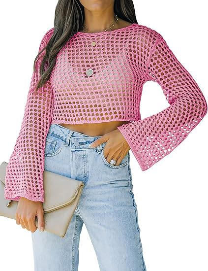 Open-Knit Crochet Cropped Top with Flared Bell Sleeves - Pink