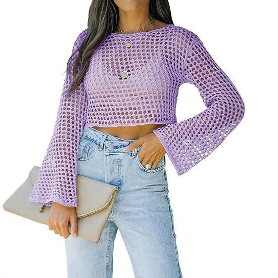 Open-Knit Crochet Cropped Top with Flared Bell Sleeves - Purple