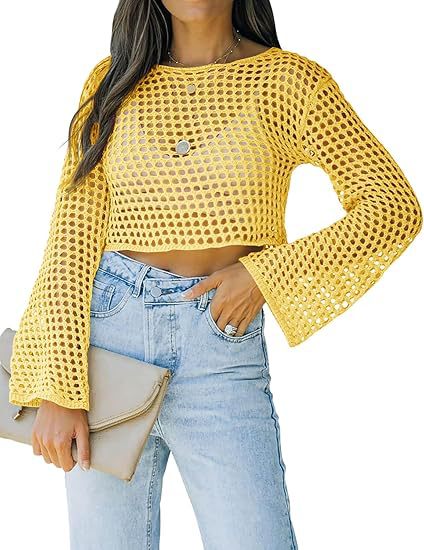 Open-Knit Crochet Cropped Top with Flared Bell Sleeves - Yellow