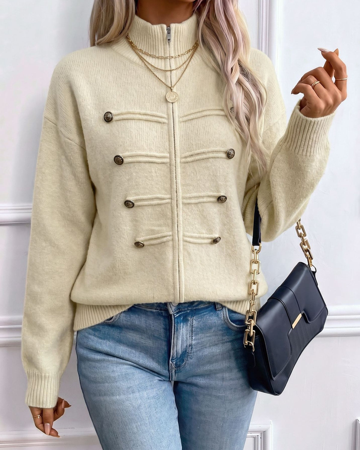 Stand Collar Military Style Zip Up Knit Cardigan - Apricot