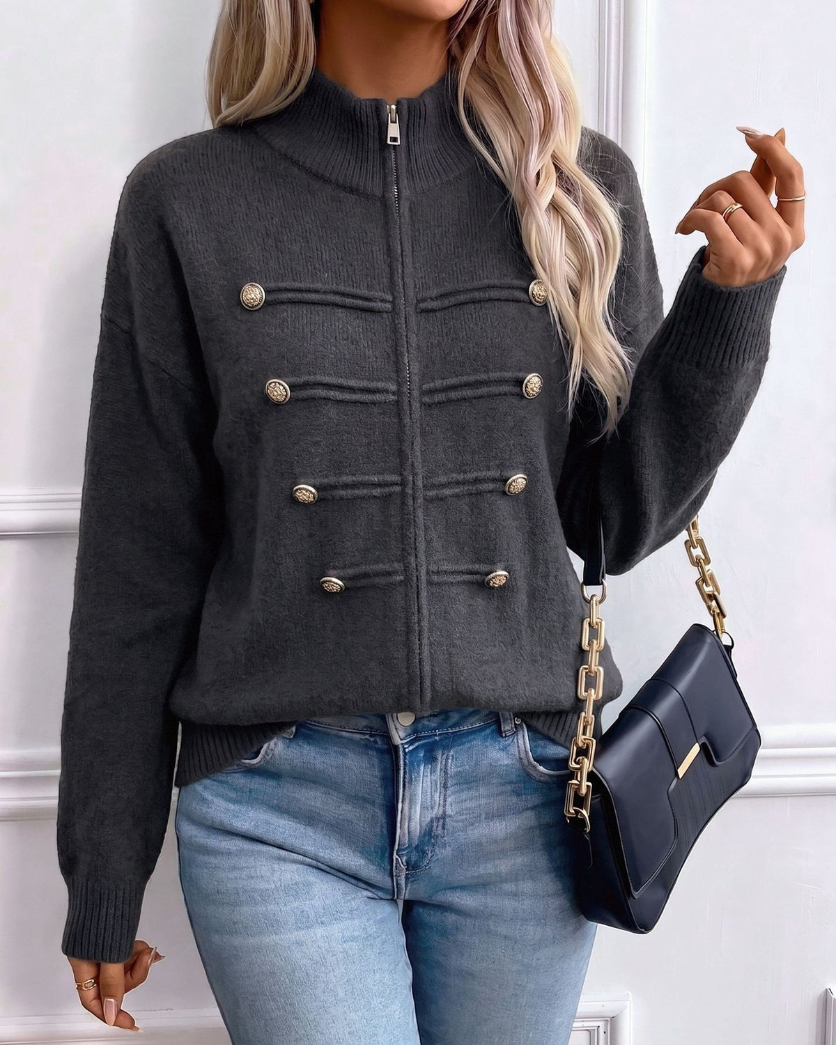Stand Collar Military Style Zip Up Knit Cardigan - Black