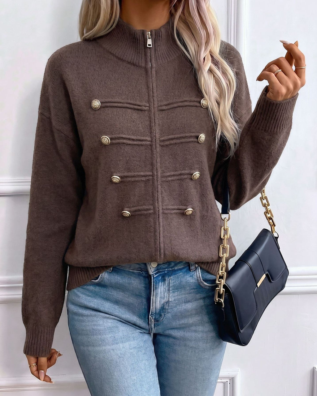 Stand Collar Military Style Zip Up Knit Cardigan - Coffee