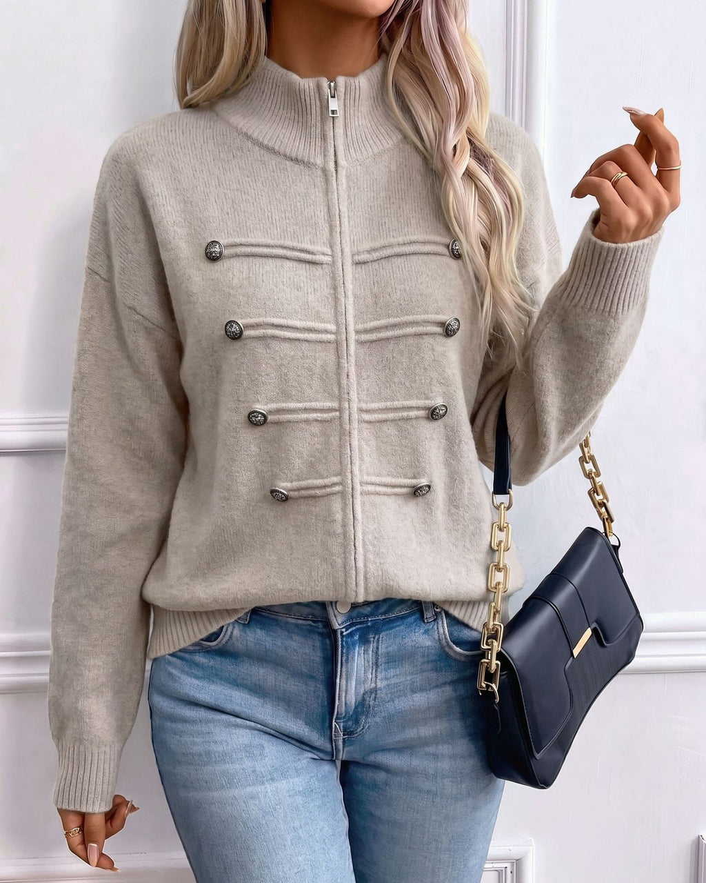 Stand Collar Military Style Zip Up Knit Cardigan - Khaki