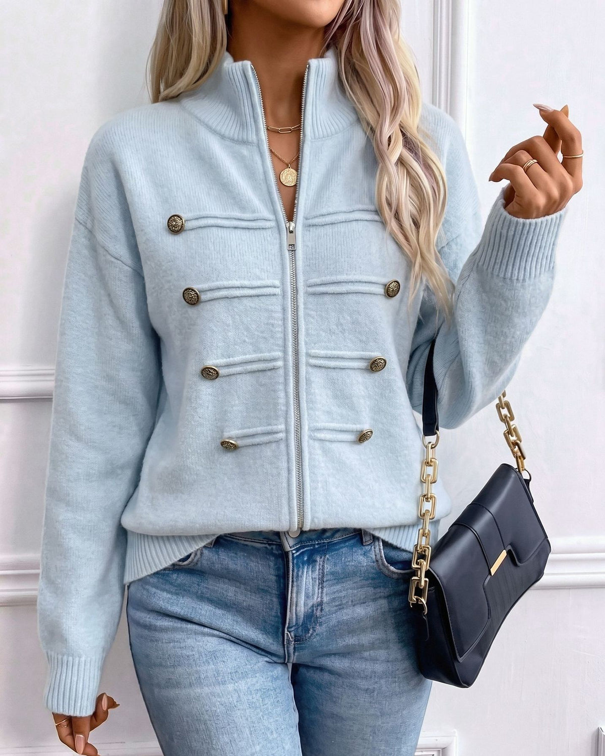 Stand Collar Military Style Zip Up Knit Cardigan - Light_Blue