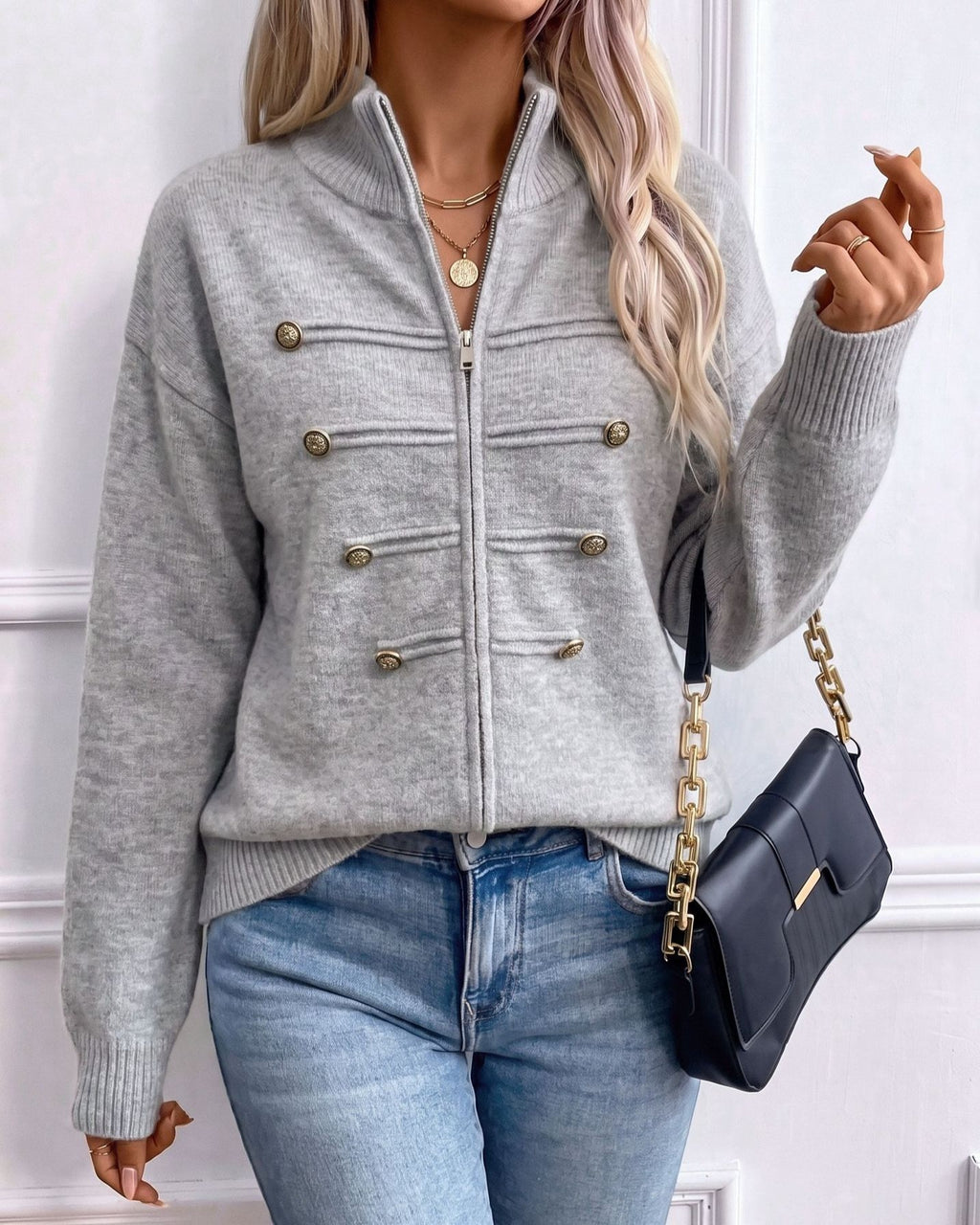 Stand Collar Military Style Zip Up Knit Cardigan - Light_Grey