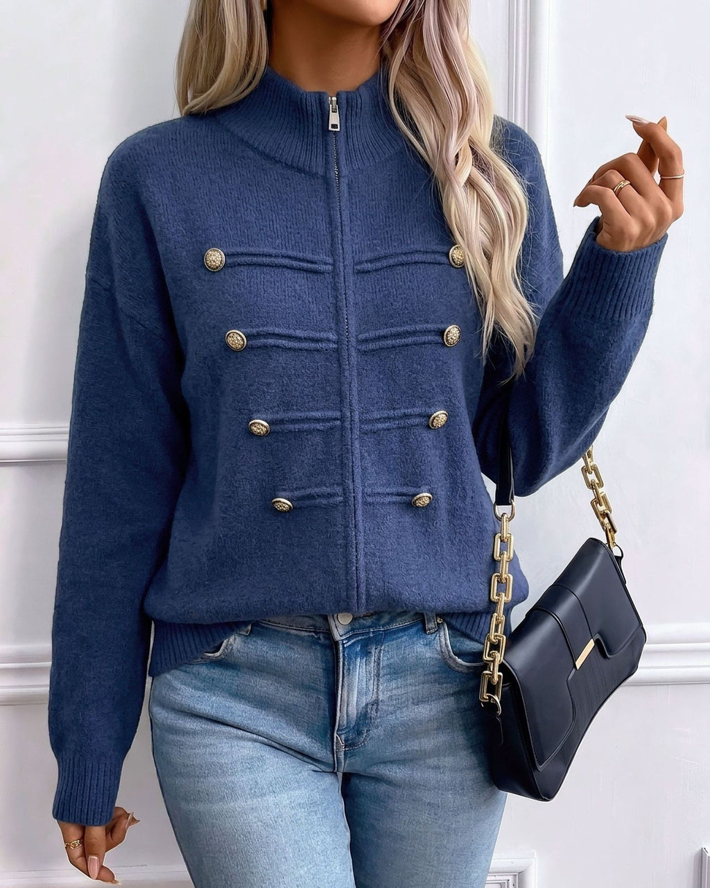 Stand Collar Military Style Zip Up Knit Cardigan - Navy-Blue