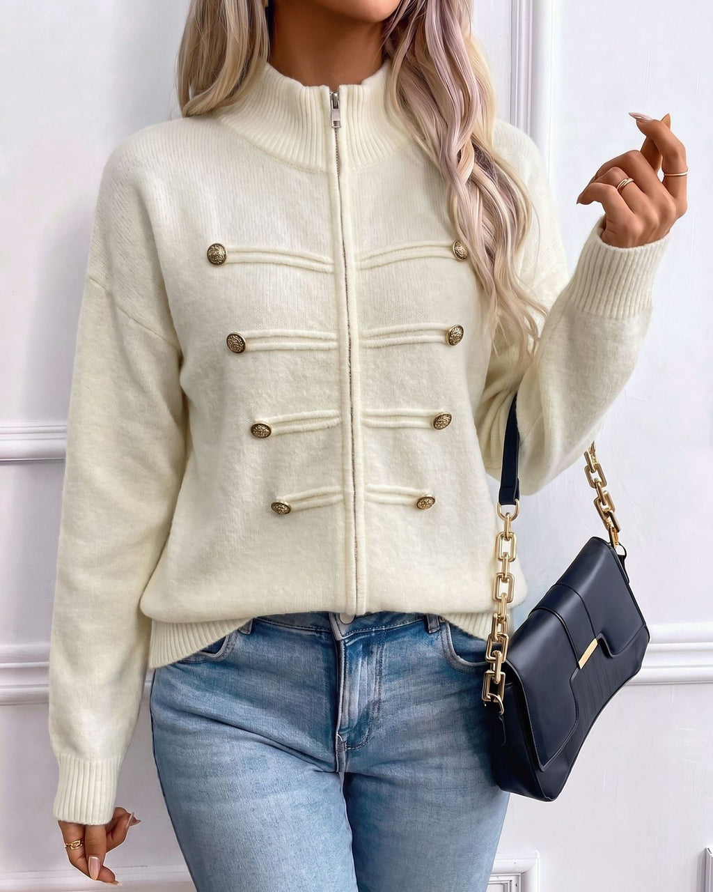Stand Collar Military Style Zip Up Knit Cardigan - Off_White