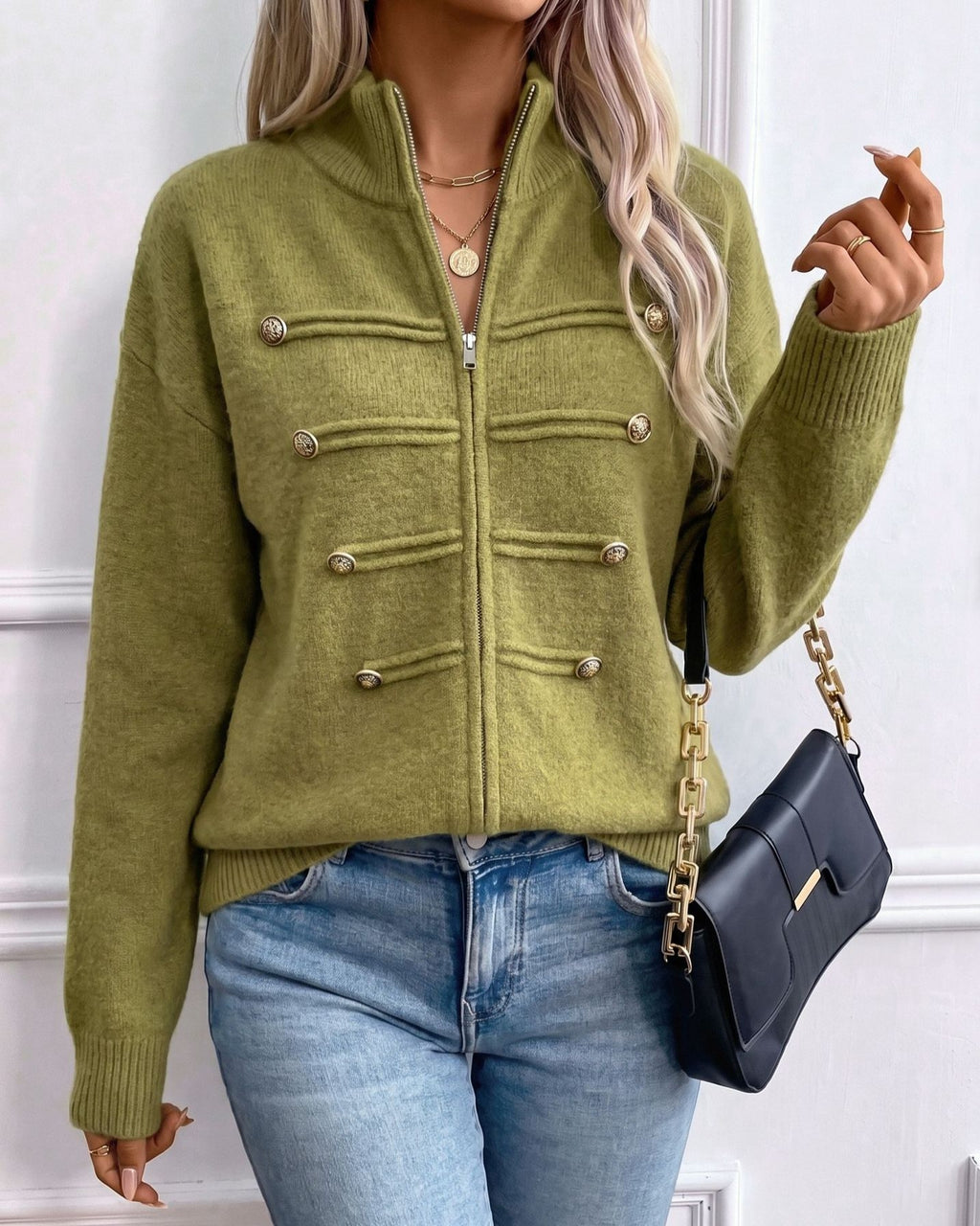 Stand Collar Military Style Zip Up Knit Cardigan - Olive