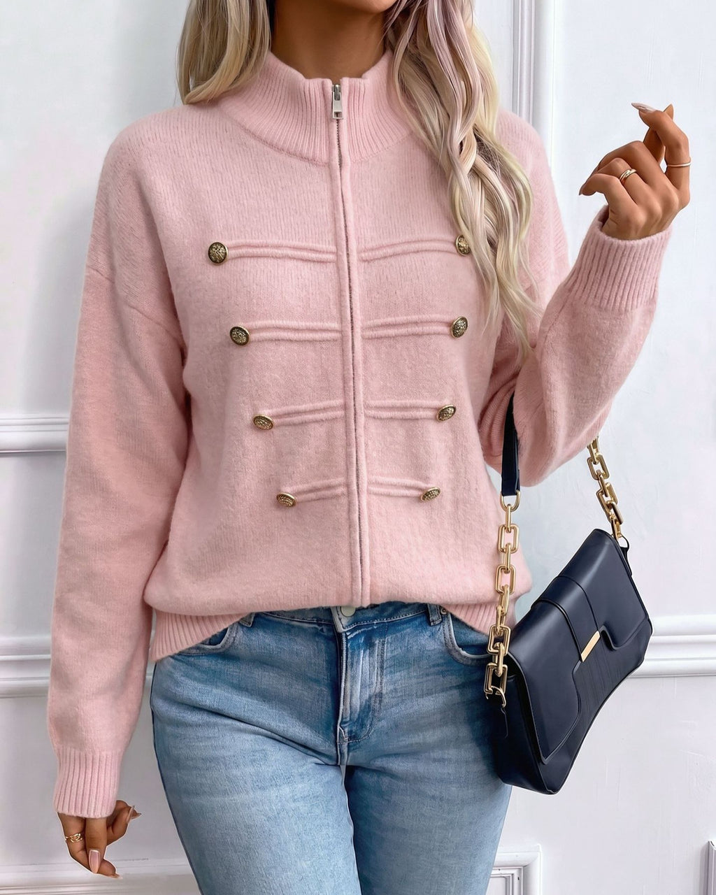 Stand Collar Military Style Zip Up Knit Cardigan - Pink