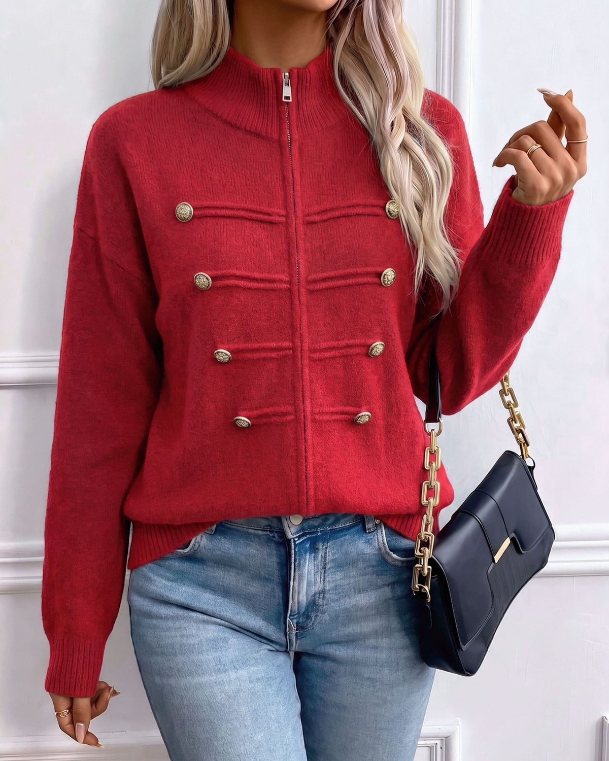 Stand Collar Military Style Zip Up Knit Cardigan - Red