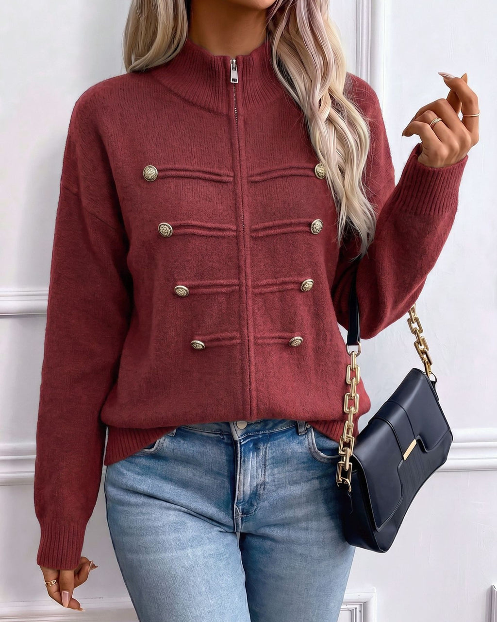 Stand Collar Military Style Zip Up Knit Cardigan - Wine_Red