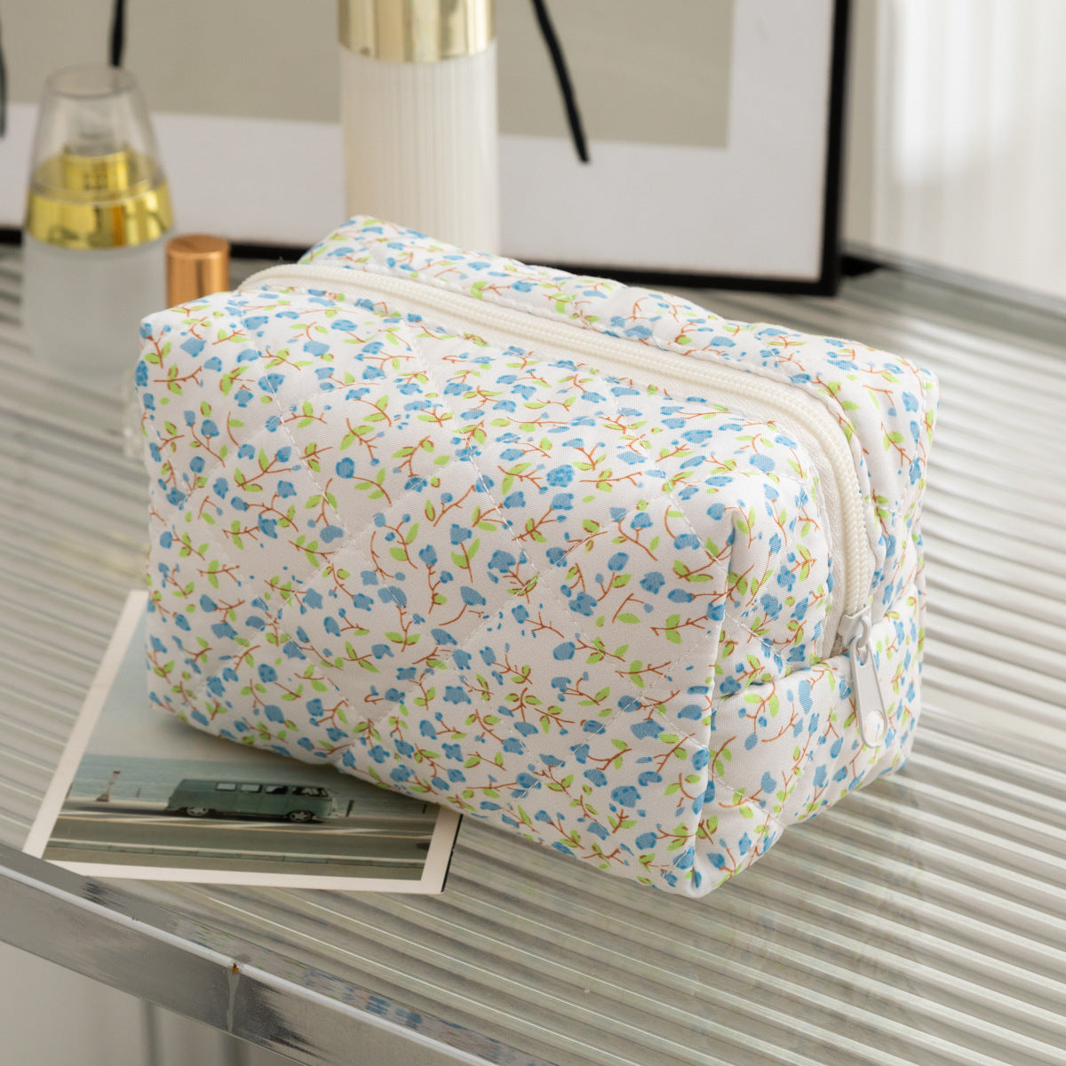 Padded Quilted Zip Cosmetic Pouch - Bfloral