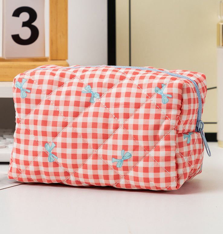 Padded Quilted Zip Cosmetic Pouch - Red