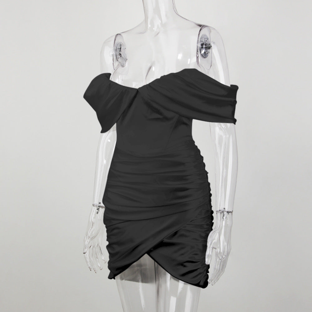 Off Shoulder Ruched Satin Wrap Mini Dress - Black - 2