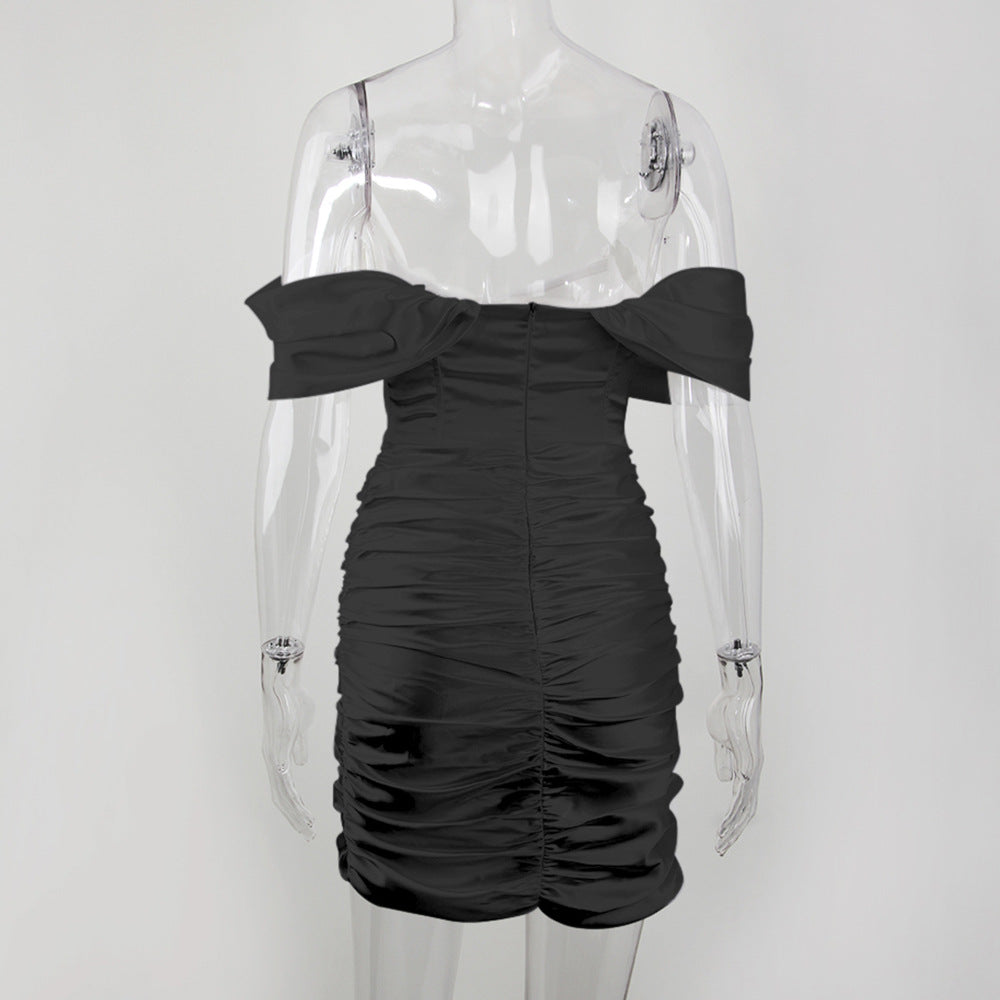 Off Shoulder Ruched Satin Wrap Mini Dress - Black - 3