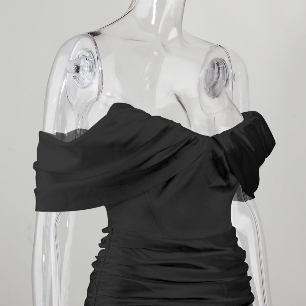 Off Shoulder Ruched Satin Wrap Mini Dress - Black - 4