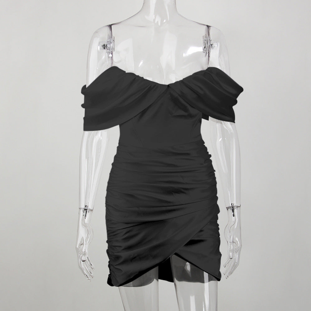 Off Shoulder Ruched Satin Wrap Mini Dress - Black - 5