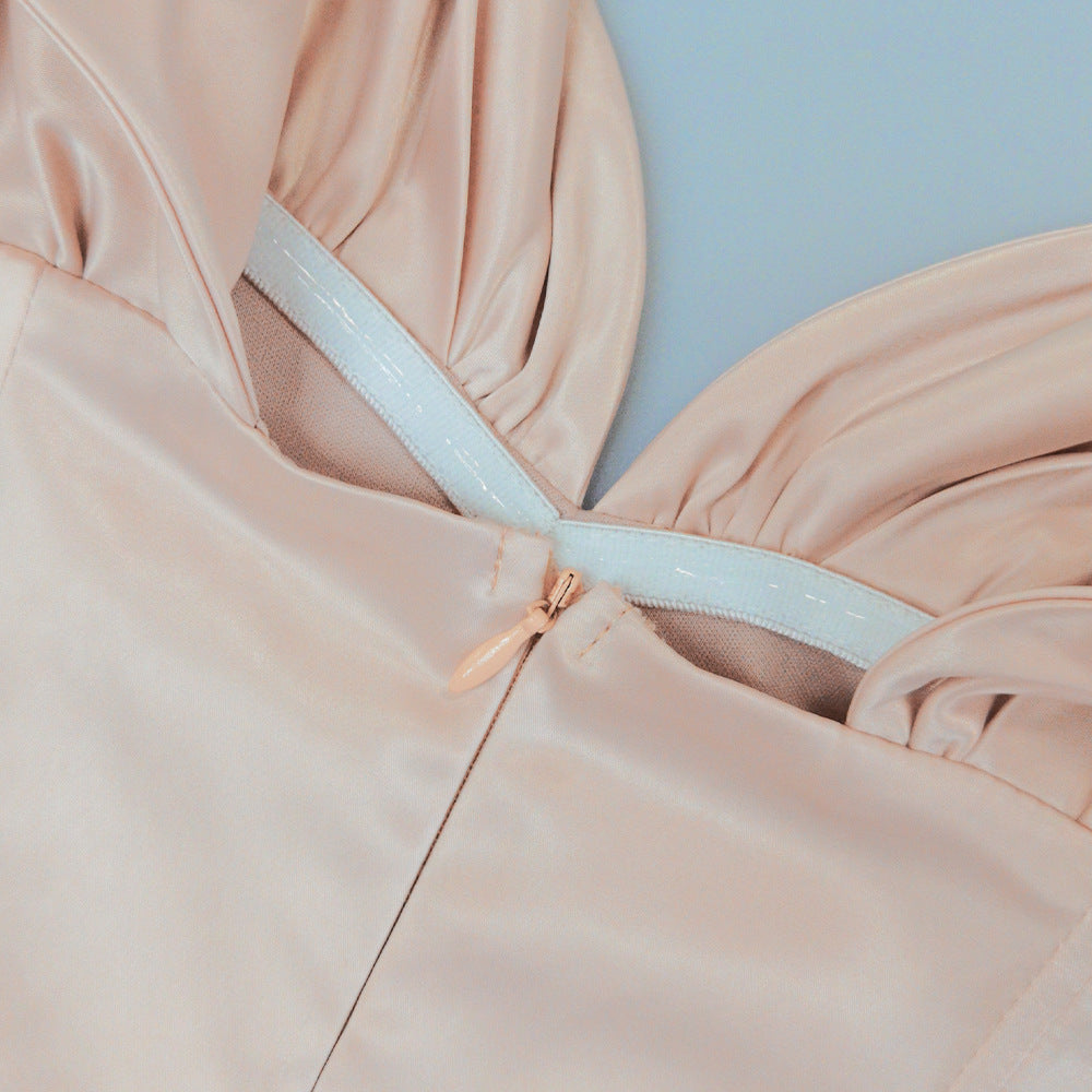 Off Shoulder Ruched Satin Wrap Mini Dress - Pink - 10