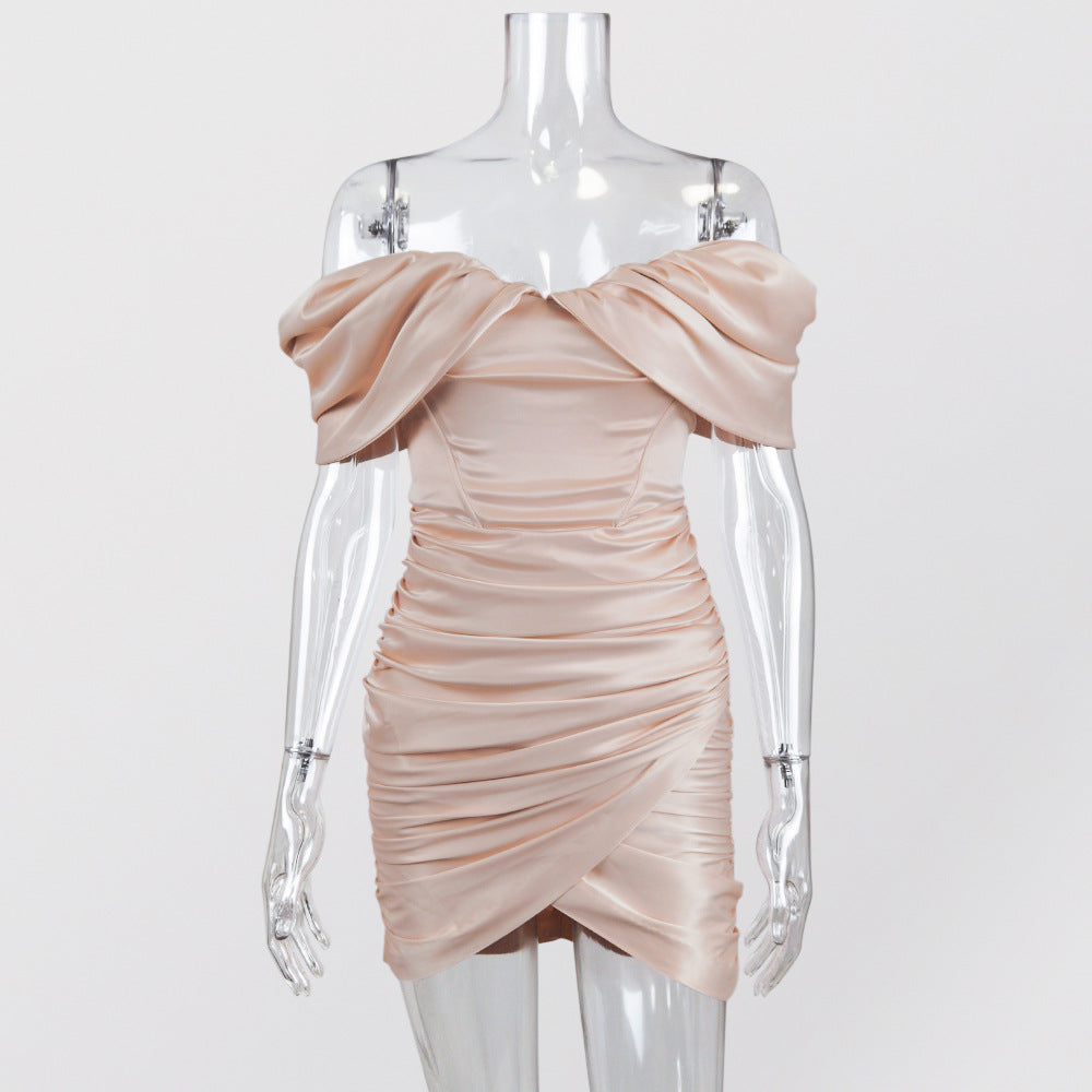 Off Shoulder Ruched Satin Wrap Mini Dress - Pink - 4