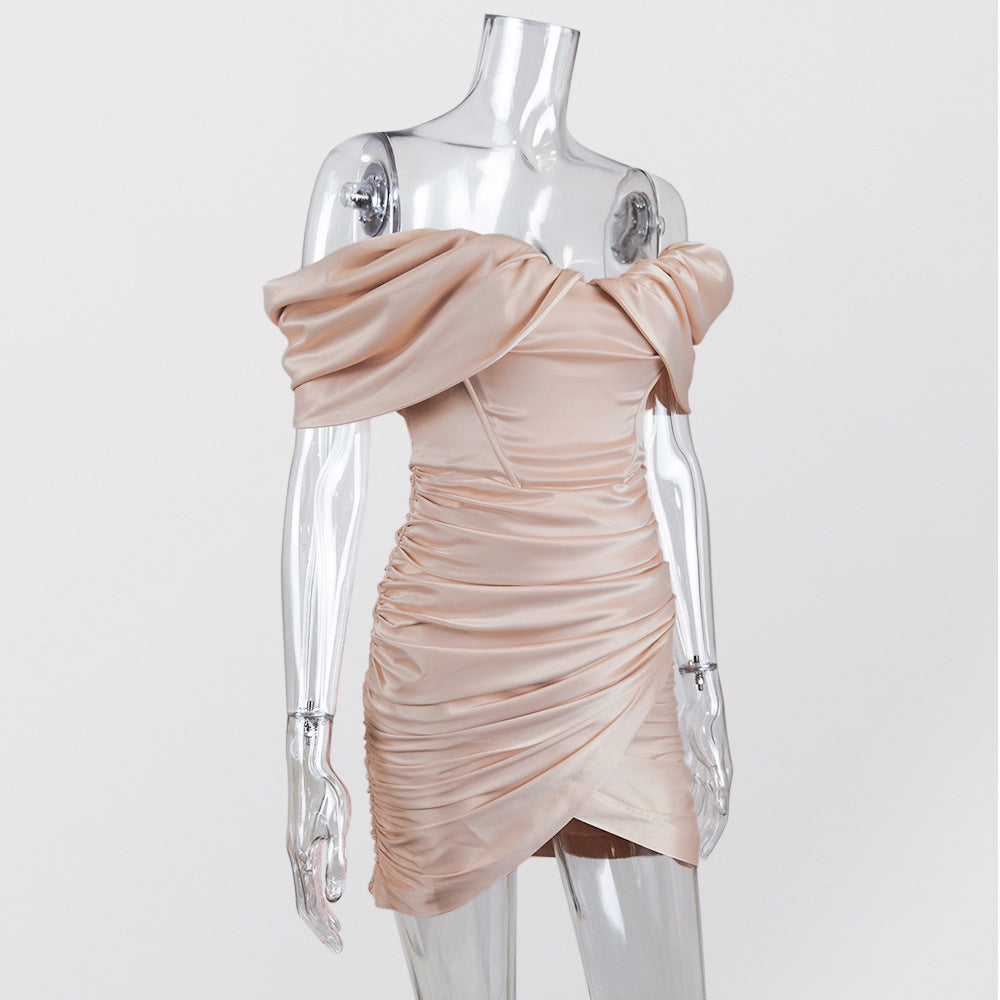 Off Shoulder Ruched Satin Wrap Mini Dress - Pink - 5