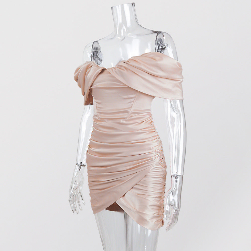 Off Shoulder Ruched Satin Wrap Mini Dress - Pink - 6
