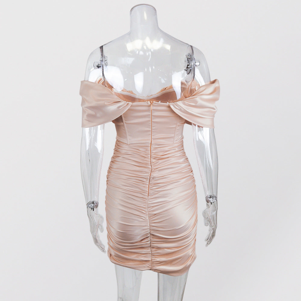 Off Shoulder Ruched Satin Wrap Mini Dress - Pink - 7