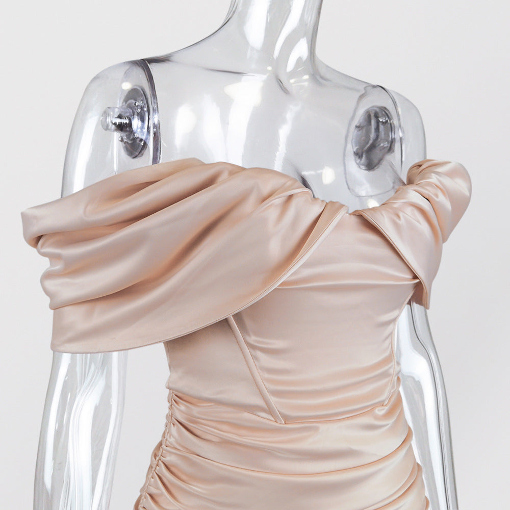 Off Shoulder Ruched Satin Wrap Mini Dress - Pink - 8
