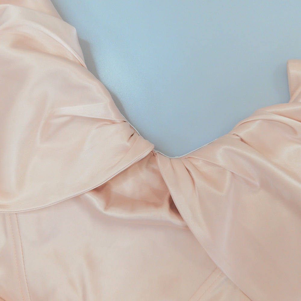Off Shoulder Ruched Satin Wrap Mini Dress - Pink - 9