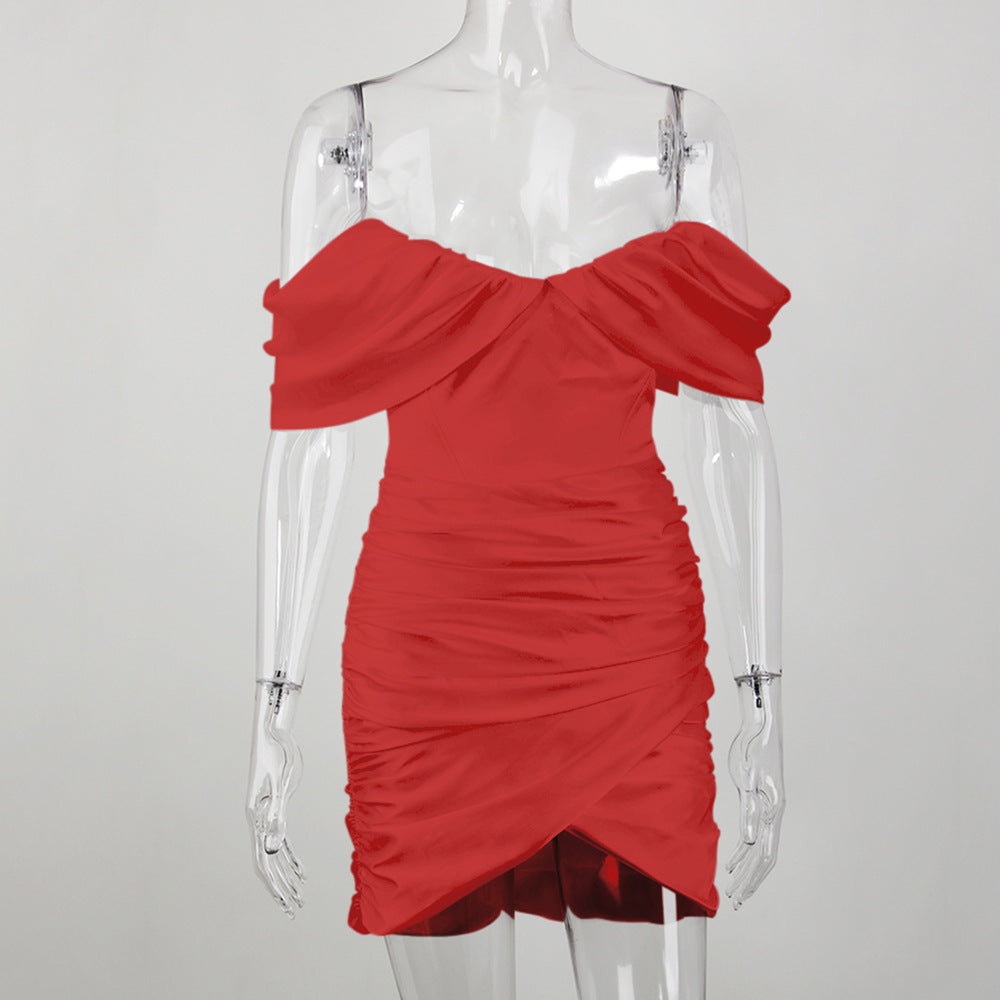 Off Shoulder Ruched Satin Wrap Mini Dress - Red - 2