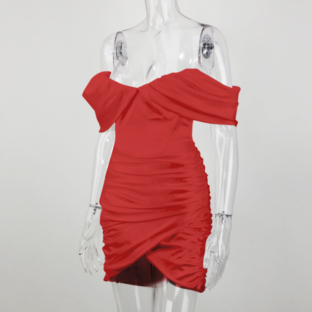 Off Shoulder Ruched Satin Wrap Mini Dress - Red - 3