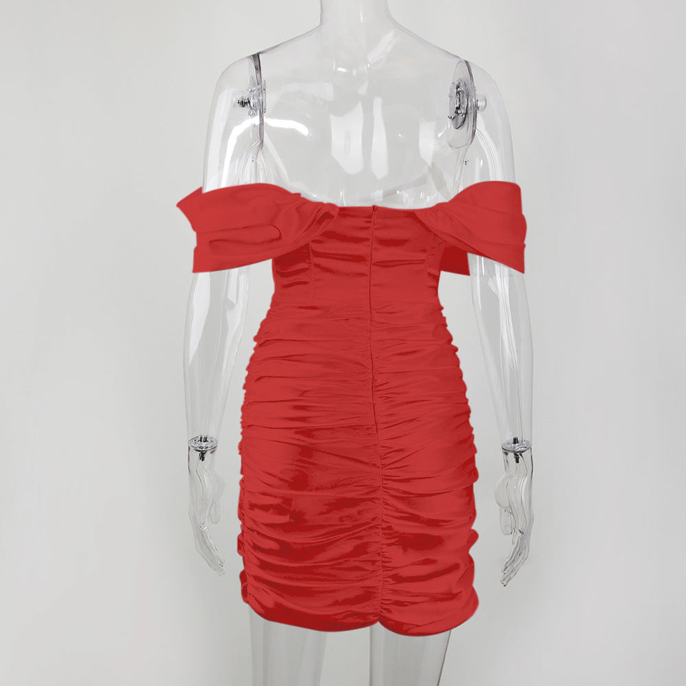 Off Shoulder Ruched Satin Wrap Mini Dress - Red - 4