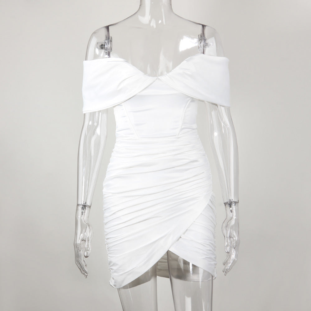 Off Shoulder Ruched Satin Wrap Mini Dress - White - 1