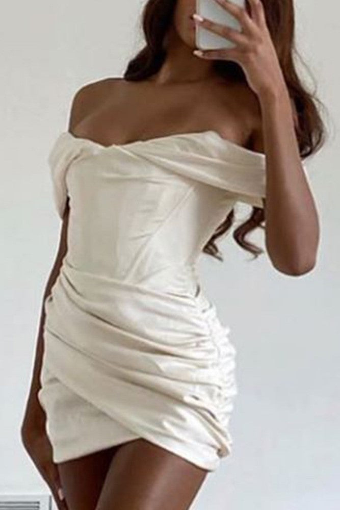 Off Shoulder Ruched Satin Wrap Mini Dress - White - 10
