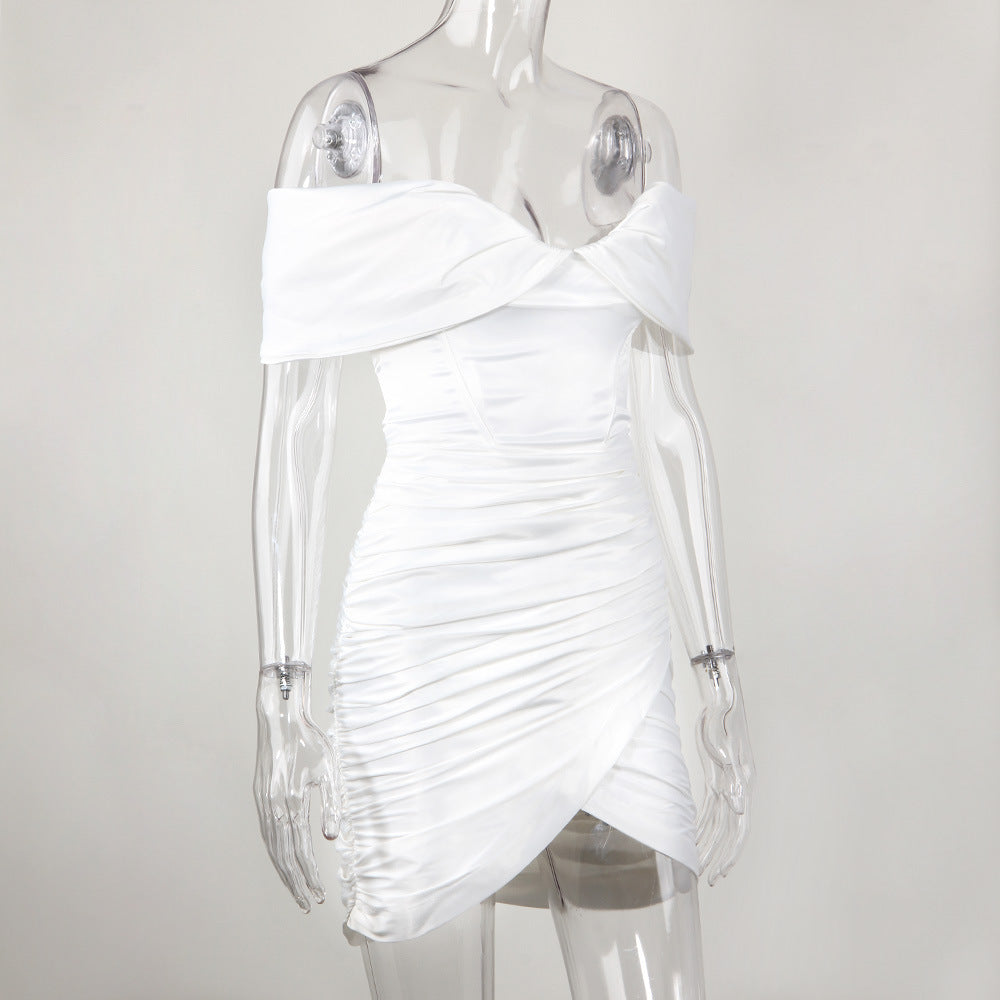 Off Shoulder Ruched Satin Wrap Mini Dress - White - 2
