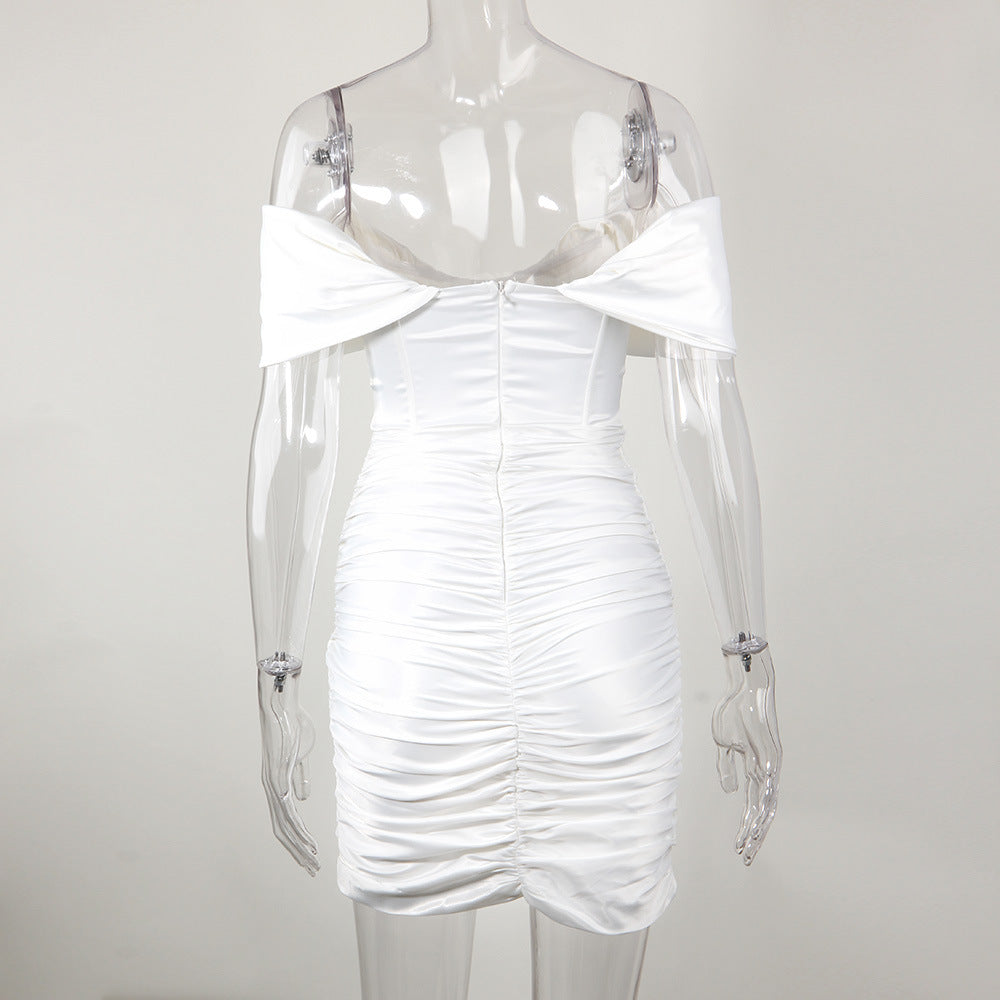Off Shoulder Ruched Satin Wrap Mini Dress - White - 3