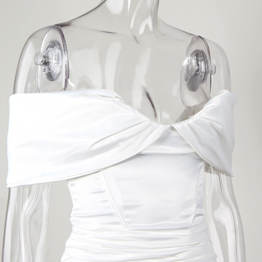 Off Shoulder Ruched Satin Wrap Mini Dress - White - 4