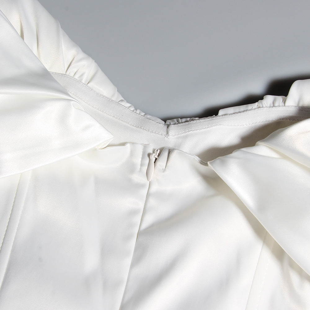 Off Shoulder Ruched Satin Wrap Mini Dress - White - 6