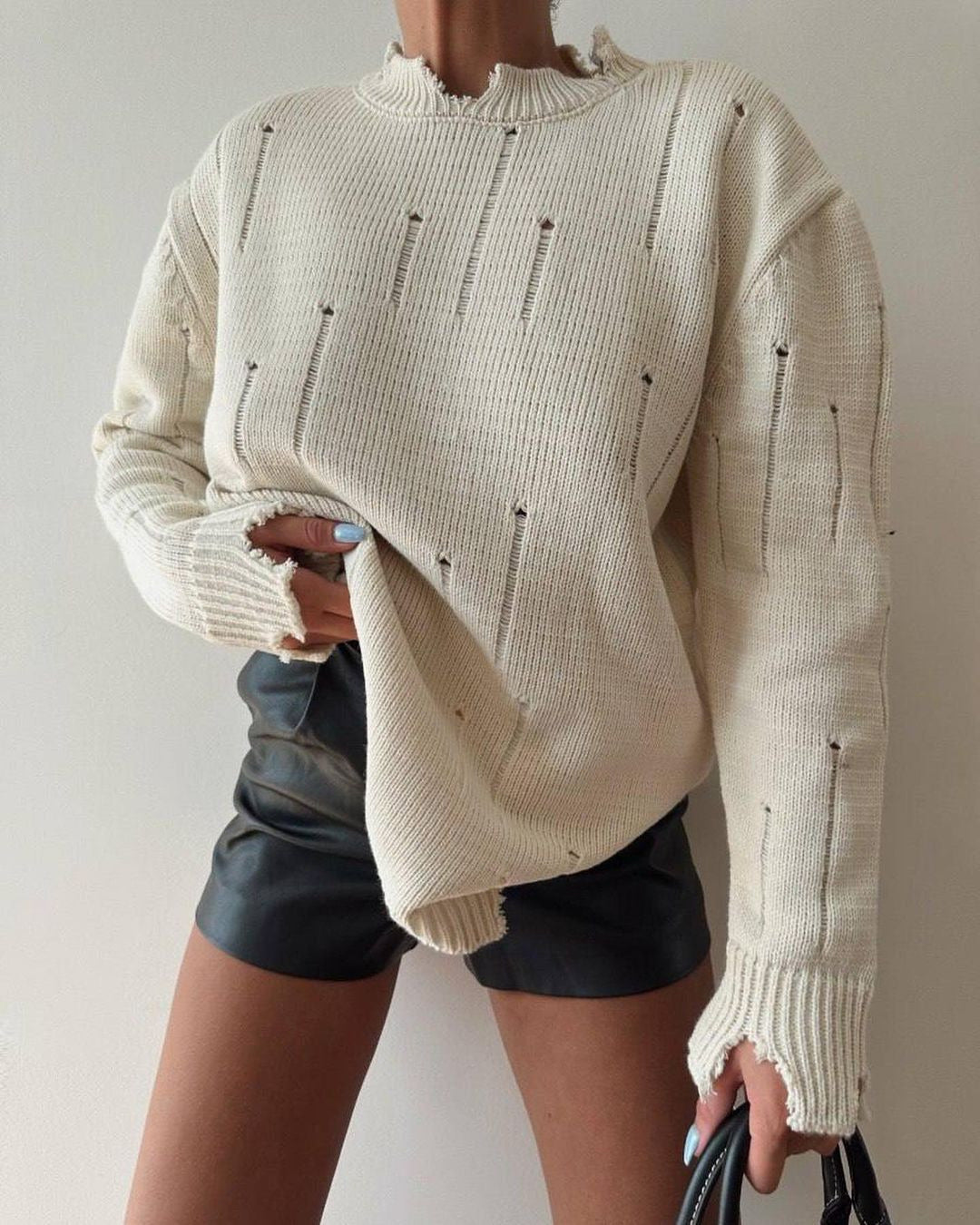 Distressed Frayed Crewneck Oversized Sweater - Apricot 