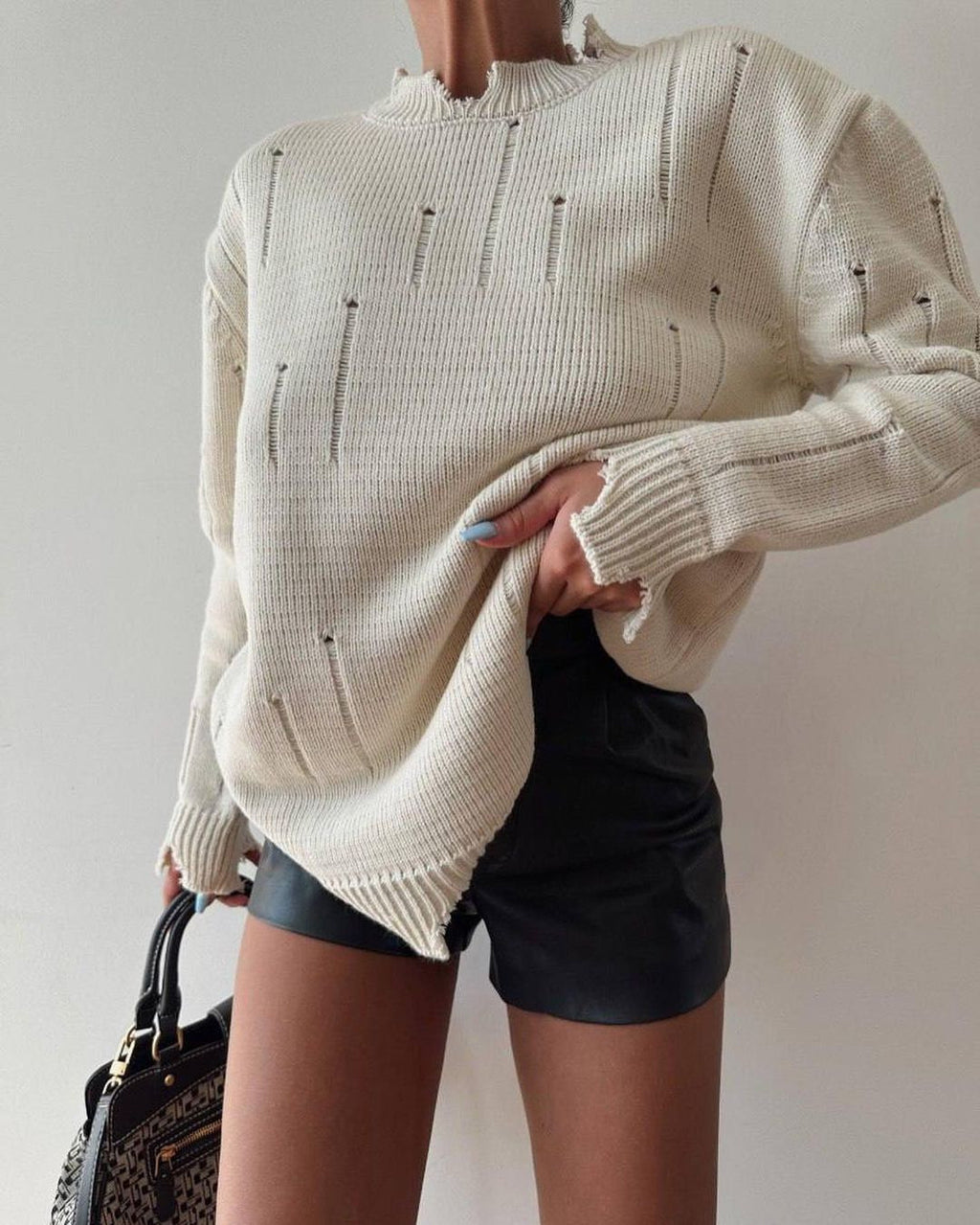 Distressed Frayed Crewneck Oversized Sweater - Apricot  - 1