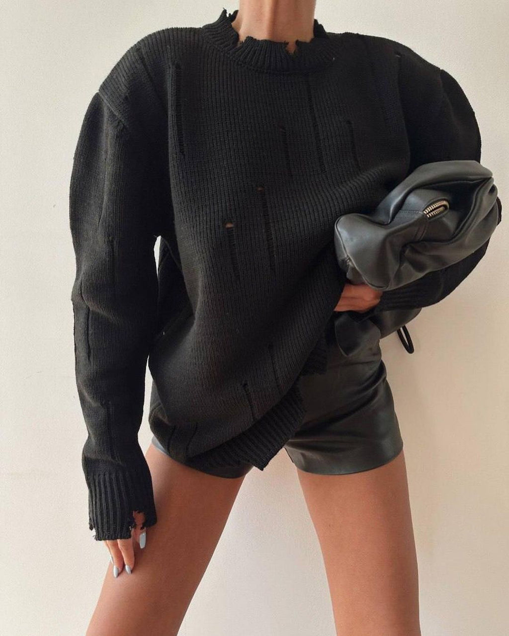 Distressed Frayed Crewneck Oversized Sweater - Black