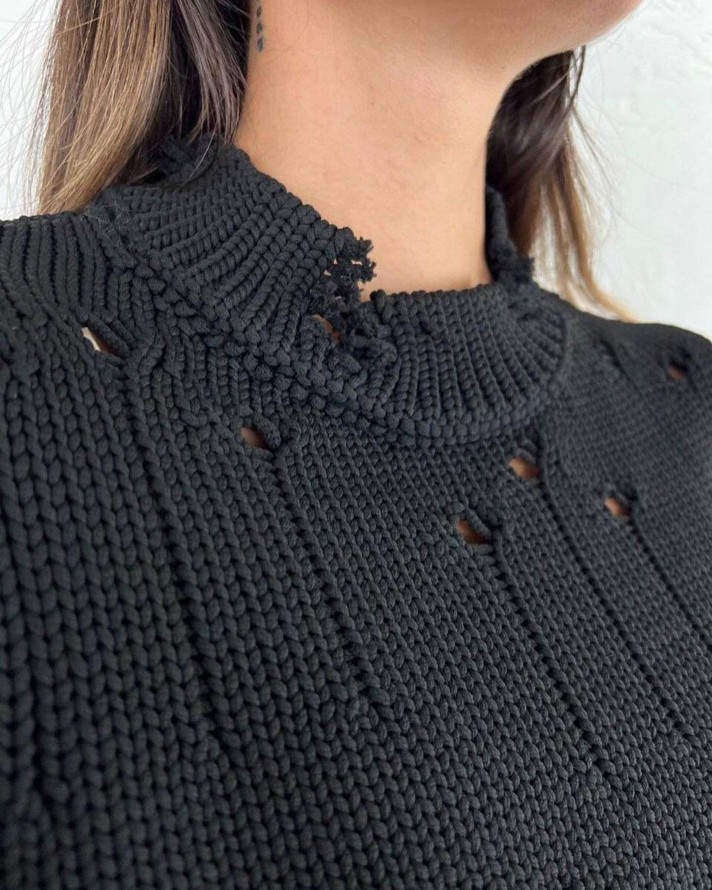 Distressed Frayed Crewneck Oversized Sweater - Black - 1