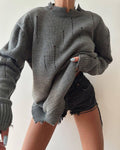 Distressed Frayed Crewneck Oversized Sweater - Gray