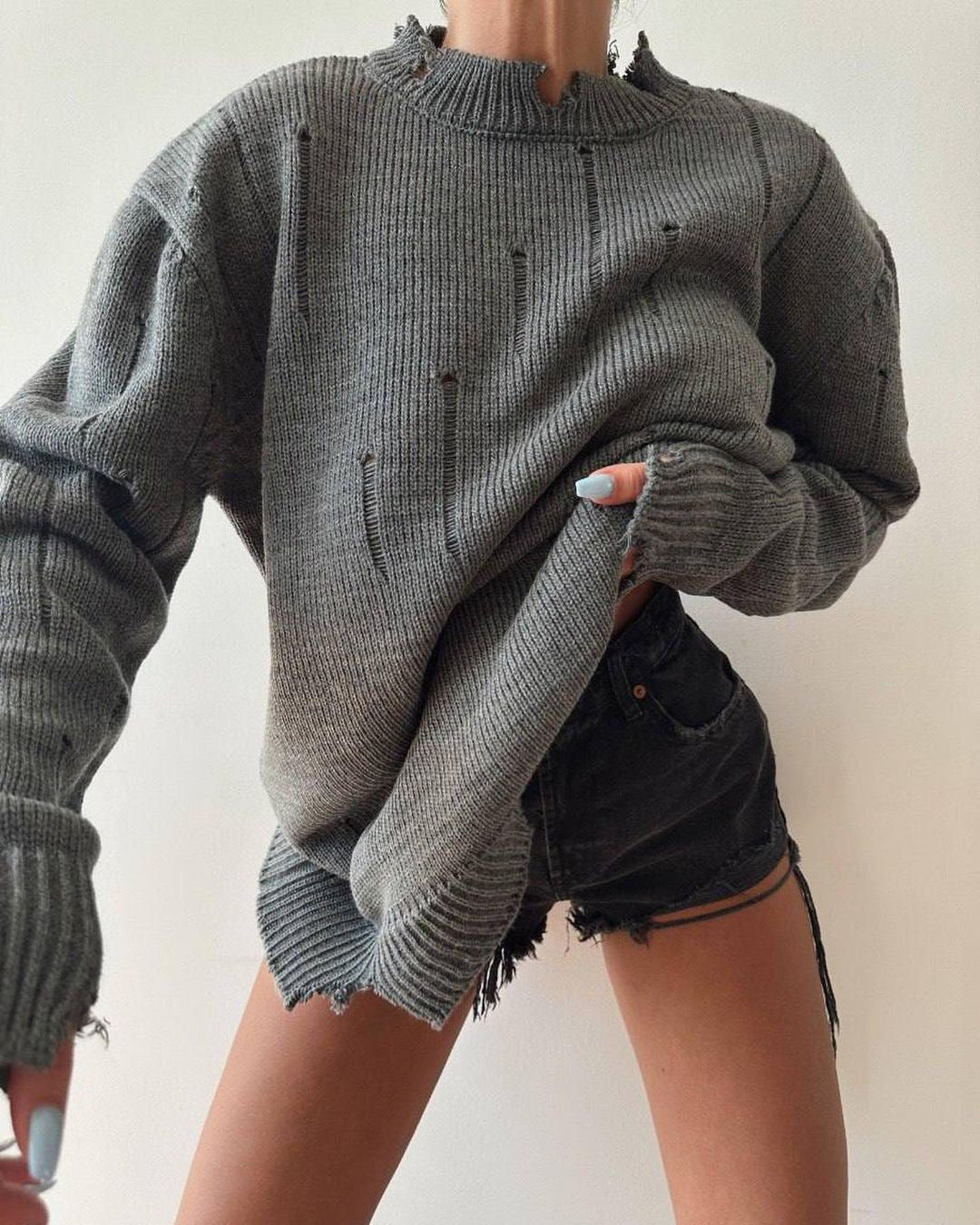 Distressed Frayed Crewneck Oversized Sweater - Gray