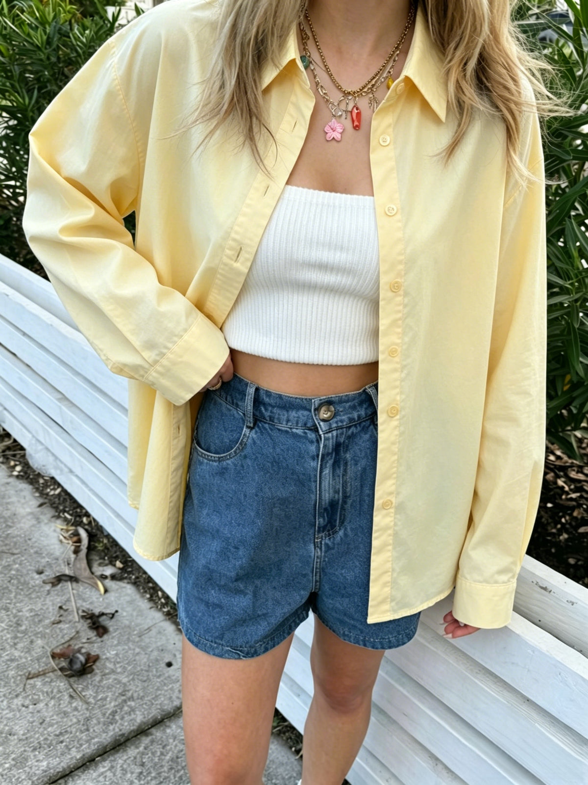 Oversized Cotton Button Down Shirt With Pocket - Yellow